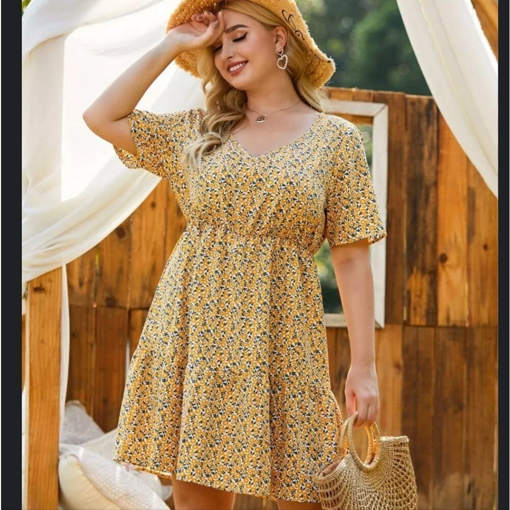 Floral Yellow and Blue V-Neck Dress